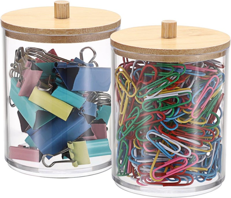 BTSKY 2 Pack Clear Paper Clip Holder with Bamboo Lid Plastic Paperclip Box Useful Office Supply Accessory Organizer Round Small Storage Holder Cute Qtip Holder for Office Bathroom Vanity - Image 1